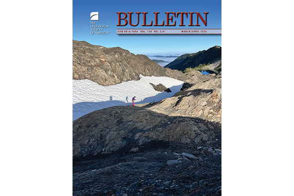The cover of the March/April issue of the journal GSA Bulletin. The cover photo depicts a woman standing on a rock outcrop with a camera. More rock, snow, and distant peaks under a cloudless blue sky are in the background.
