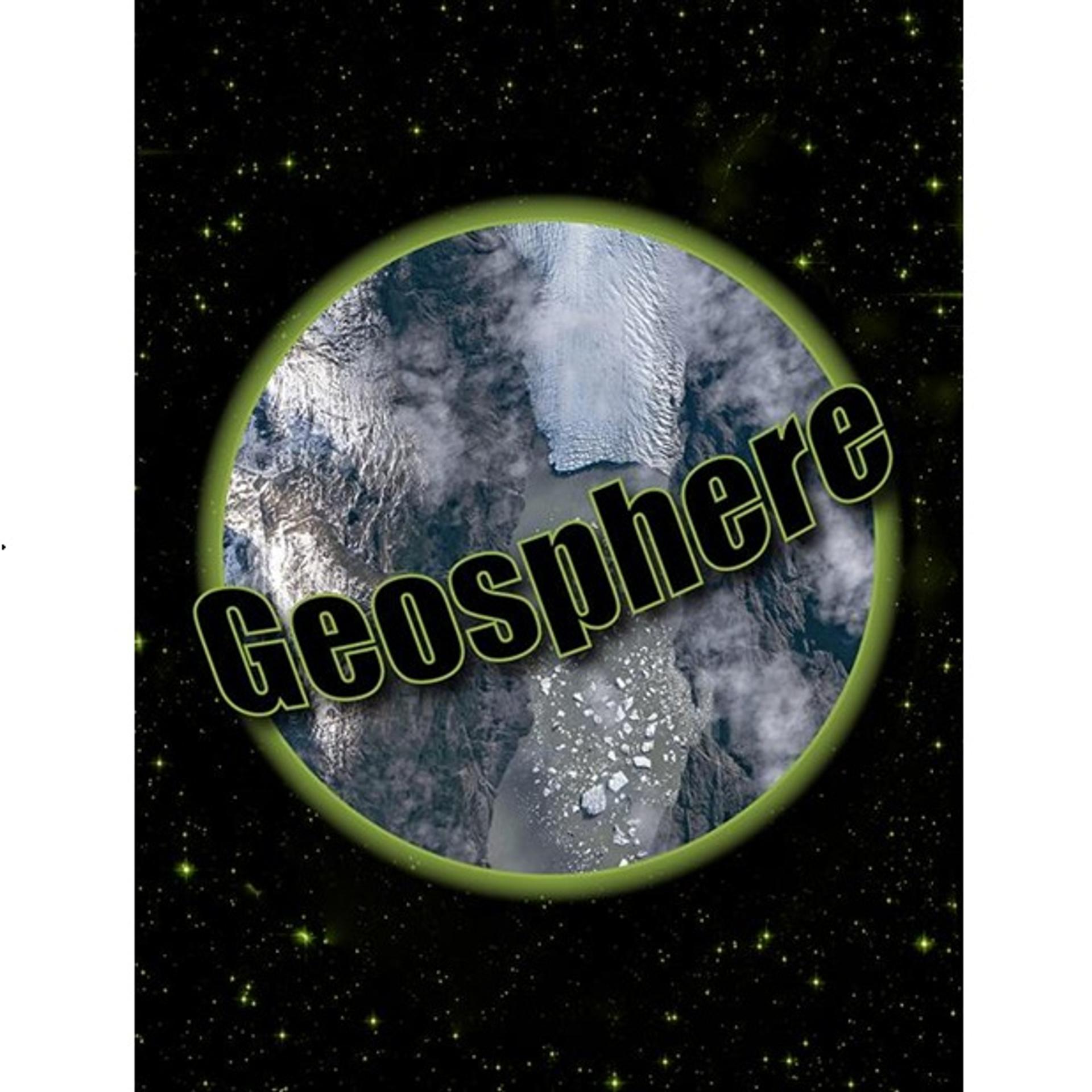 Aerial view of desert landscape with ridges, encircled by black space and stars. The word "Geosphere" overlays the image in bold, black letters.