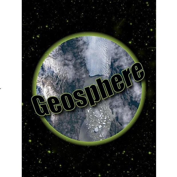 Aerial view of desert landscape with ridges, encircled by black space and stars. The word "Geosphere" overlays the image in bold, black letters.