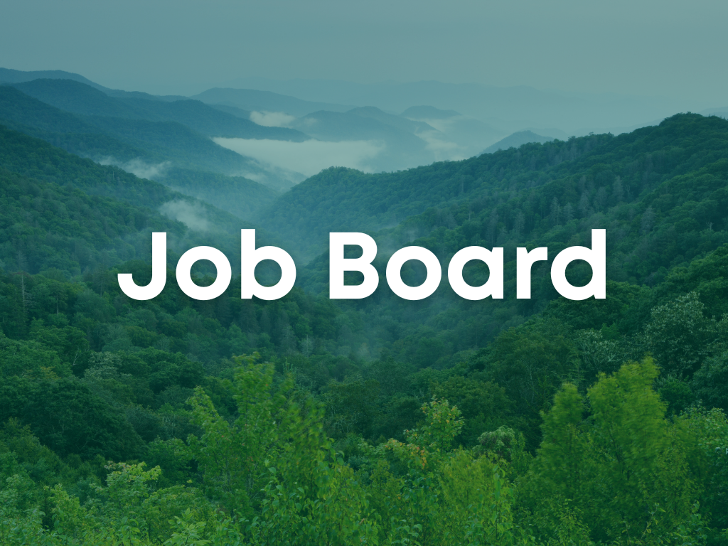 Lush green mountains under a misty sky with “Job Board” in bold white text centered, creating a serene and inviting atmosphere.