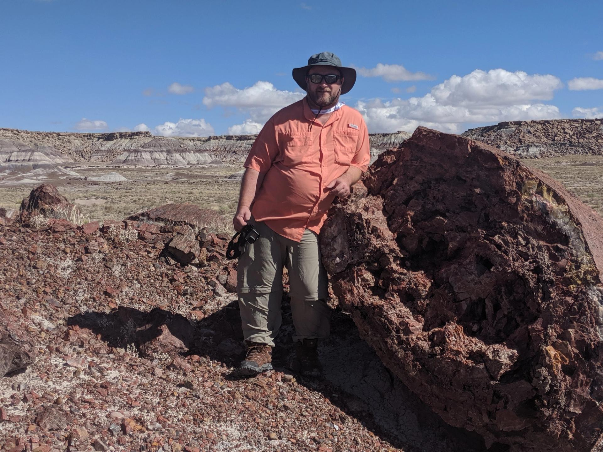 Pictures from the 2019 GSA Connects (Phoenix) IAGD Accesible field trip, Petrified Forest NP, Arizona. Photo of VR with petrified log taken by Dr Anita Marshall, used with permission.