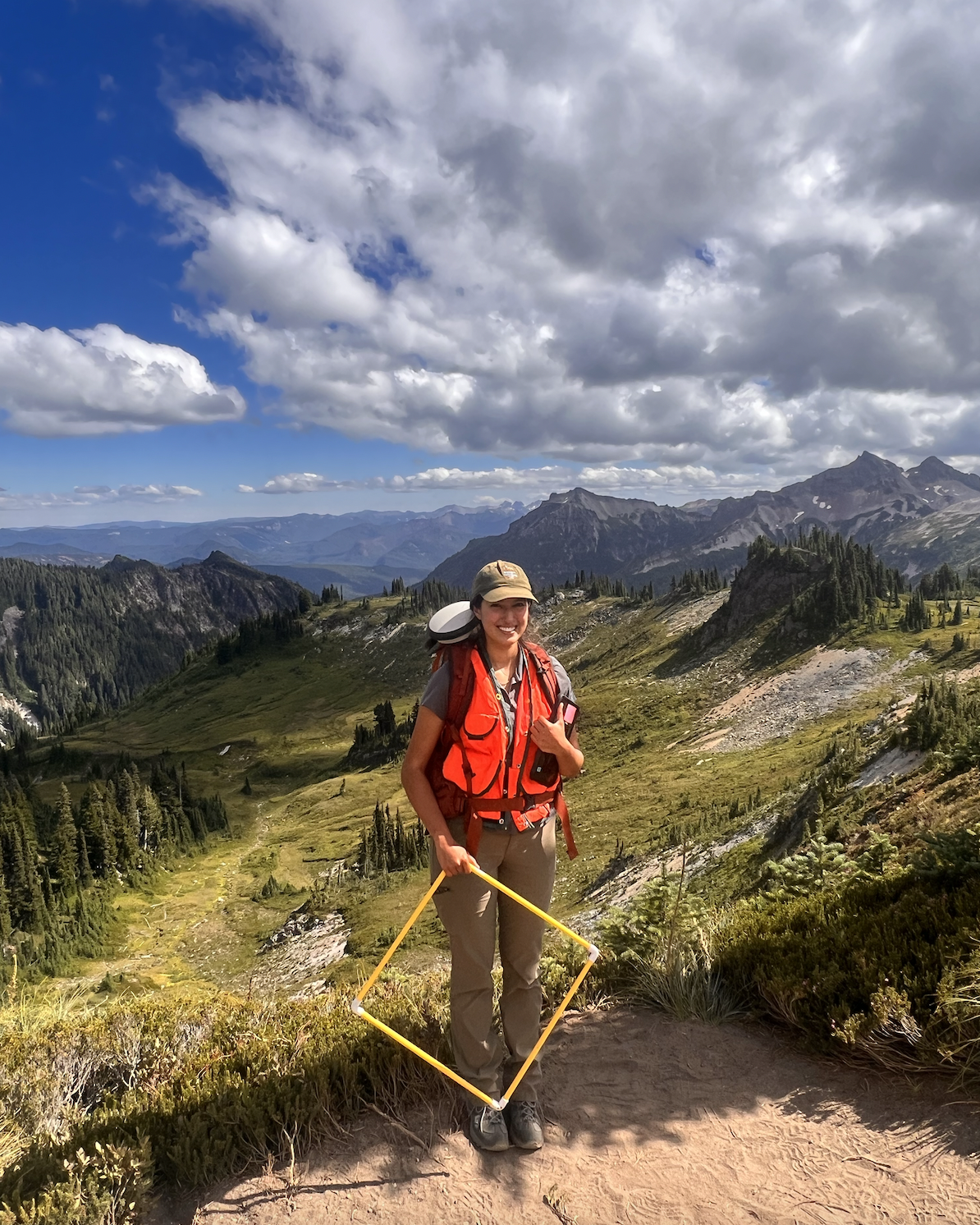 Photo of Scientists in the Parks Participant holding equipment in the field with mountain landscape in the background