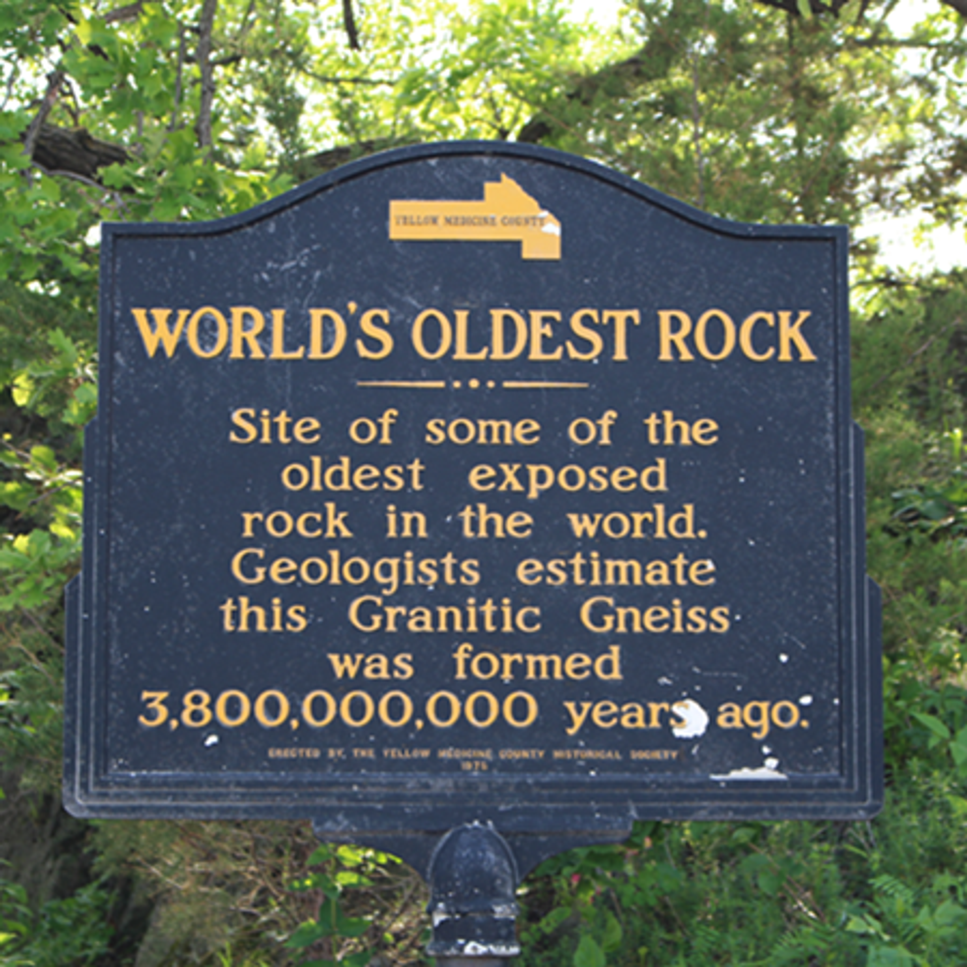 A vintage black sign with yellow text advertising the world's oldest rock, set in a green forest.