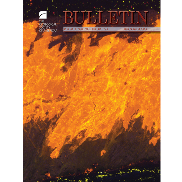 Cover of the Geological Society of America's Bulletin, July/August 2024. Features an aerial view of vibrant orange lava flow, with dark scorched edges. Bold, dynamic composition conveys natural energy.