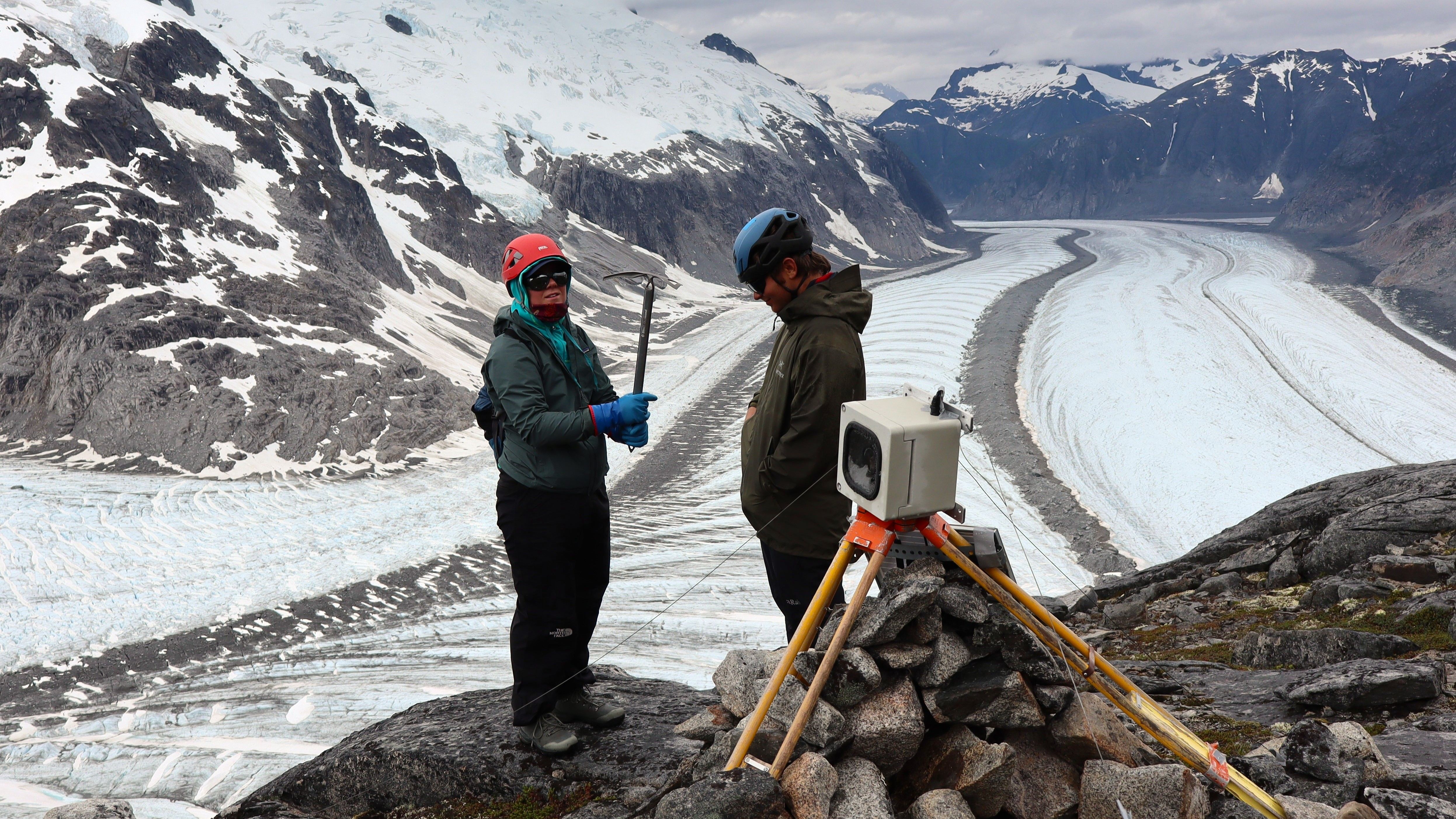 Photo of GSA Graduate Student Research Grant Recipients conducting fieldwork on a glacier