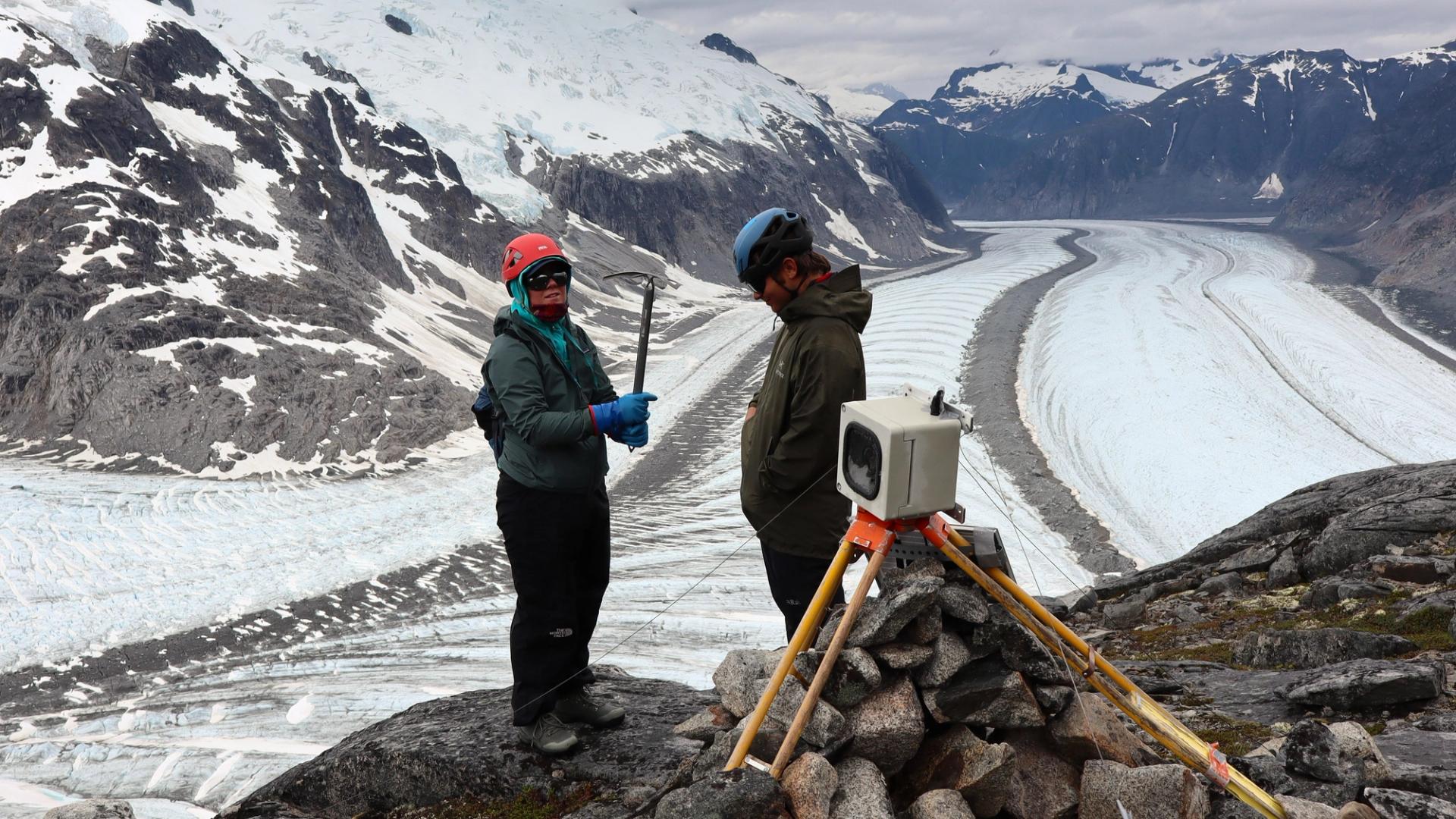 Photo of GSA Graduate Student Research Grant Recipients conducting fieldwork on a glacier