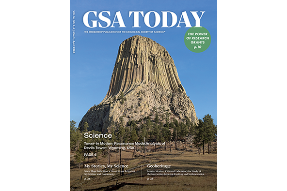 Cover of GSA Today magazine (Volume 36, Number 3) showing the journal title and issue information over a geologic image illustrating Earth science themes.