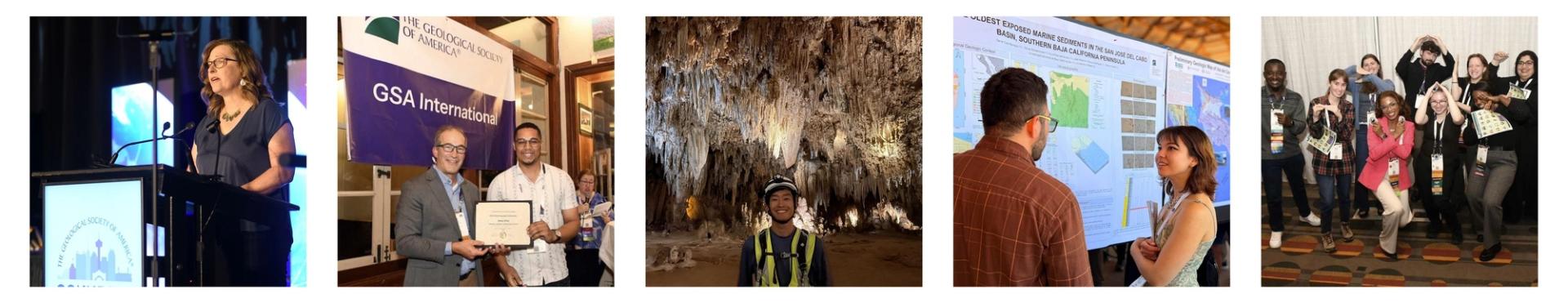 Landscape photo collage of geoscientists at GSA meetings, field trips, and other events