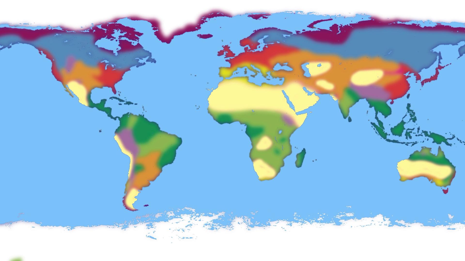 Earth’s continents with climate color coding