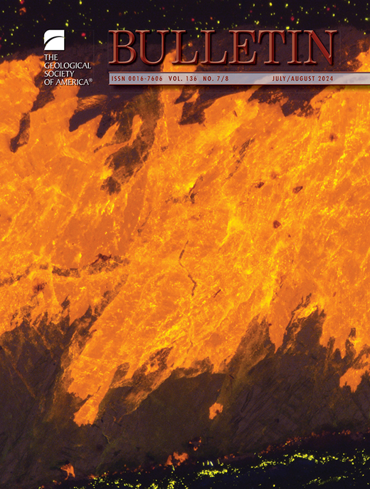 Cover of the Geological Society of America's Bulletin, July/August 2024. Features an aerial view of vibrant orange lava flow, with dark scorched edges. Bold, dynamic composition conveys natural energy.