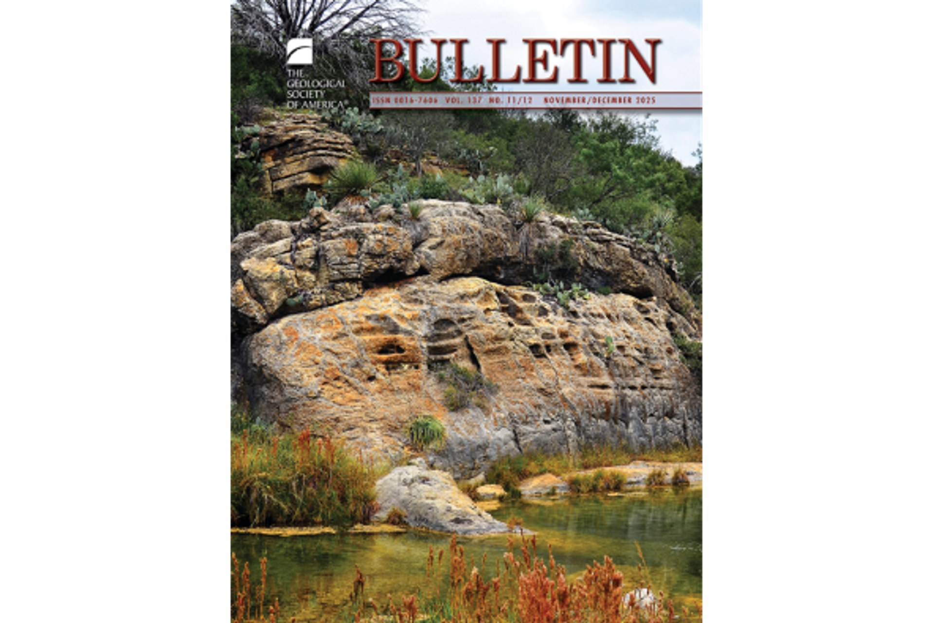 Journal cover with “GSA Bulletin” and image of a hillside formation with yellow and green water below it..