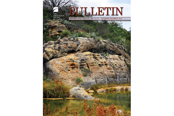 Journal cover with “GSA Bulletin” and image of a hillside formation with yellow and green water below it..