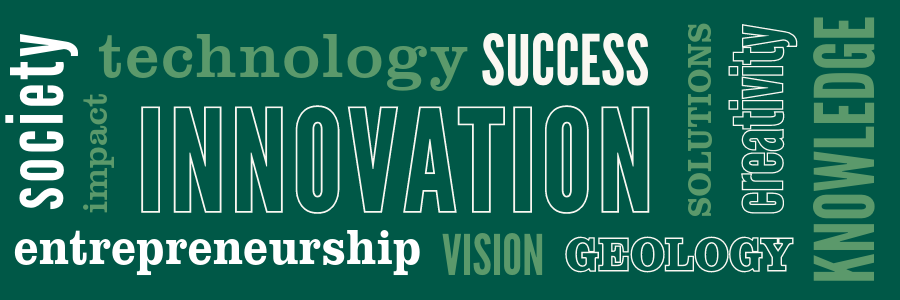 Graphic with various words on it, including innvoation, success, geology & more