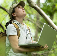 Woman holds laptop in forest and looks up.