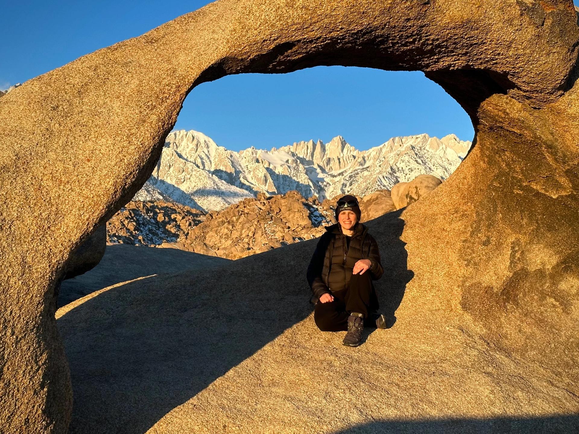 Enjoying the sunrise in the Alabama Hills, with Mount Whitney rising in the background, before a day of detrital-sediment sampling in the central Sierra Nevada.