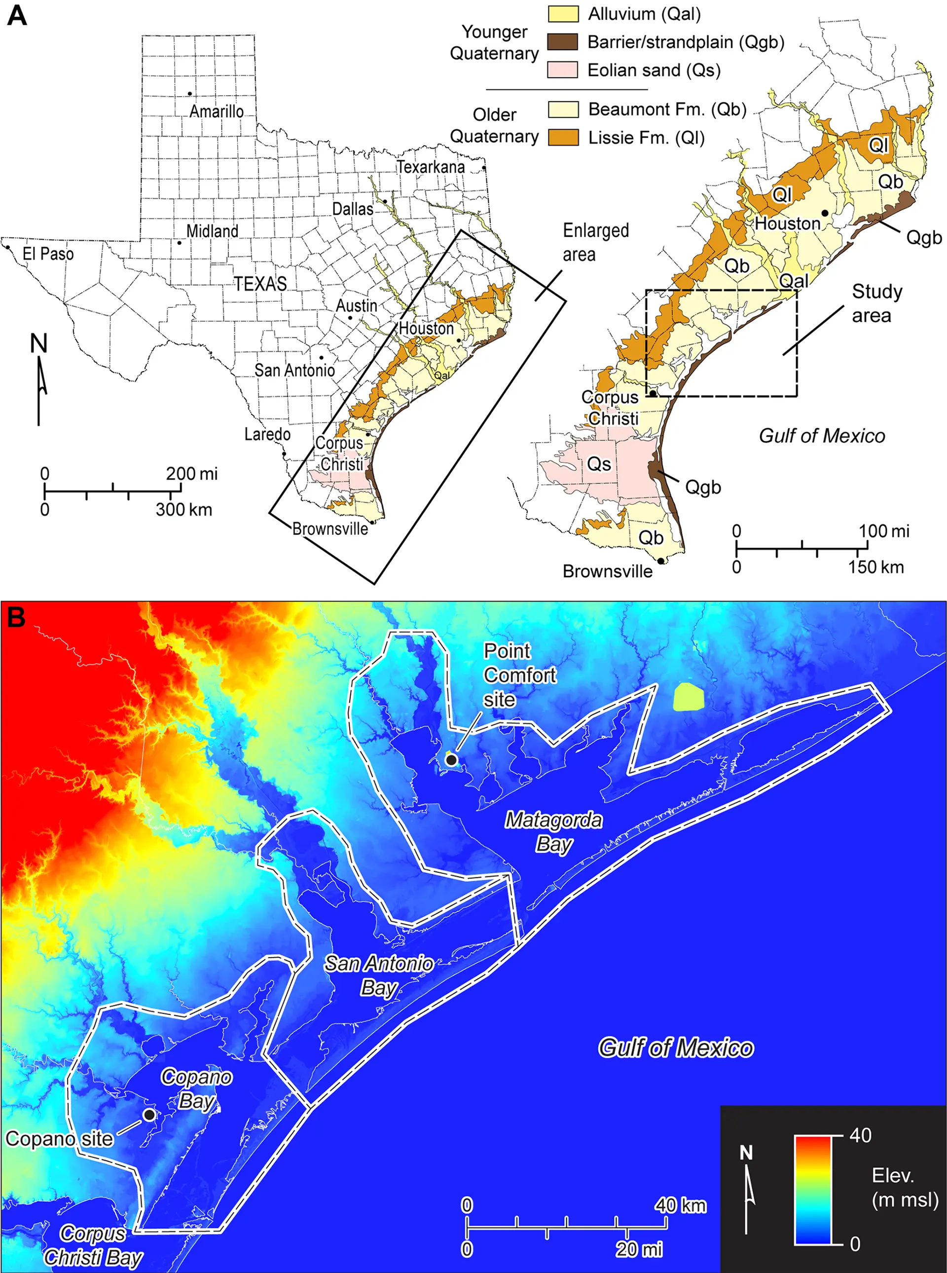 Geologic map of the Texas coastal zone showing study area. Digital elevation model for the middle Texas coast showing bauxite residue storage sites