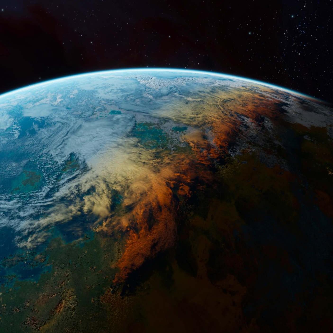 Illustration of an alien but earth-like planet that has liquid water at its surface