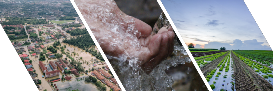 Diagonal split image features a flooded town, water splashing on hands, and a serene, expansive farmland under a pastel sky. Themes of water and agriculture.