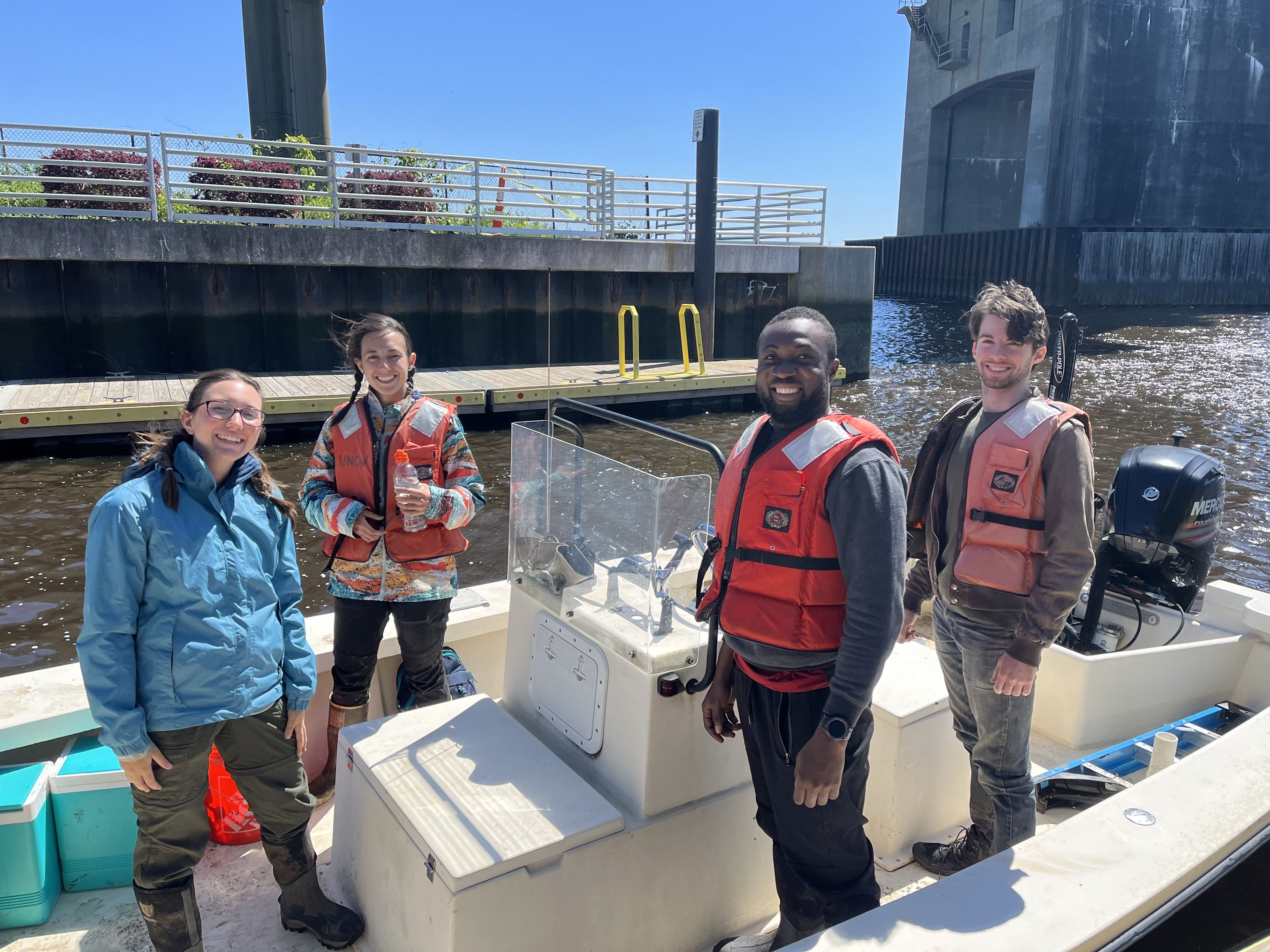 Photo of GSA Graduate Student Research Grant Recipients conducting geoscience research fieldwork by boat