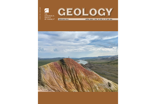 A person at the top of a multi-colored mountain is facing the distant horizon with a river in the middle and a cloudy blue sky. Above and below the image are burnt orange panels of color. The top panel has “Geology” in capital letters, the GSA logo, and issue information.
