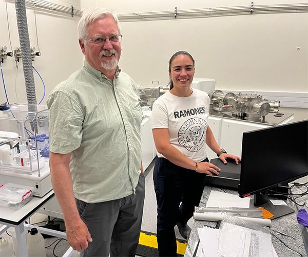 Graduate Student Research Grant recipient Manuela Botero conducting lab work for her project: "My advisor and I visiting the Mass Spectrometry facility in the University of the Witwatersrand."