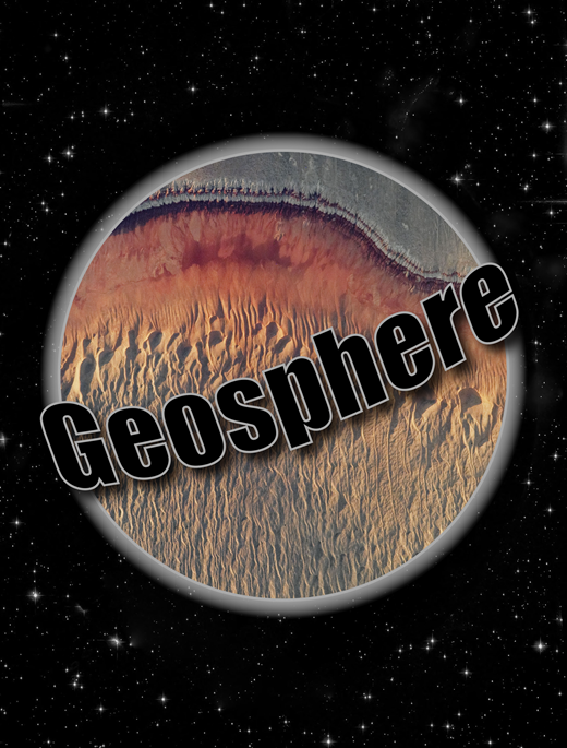 Journal cover with “Geosphere”, glowing sphere, and aerial image of tan dunes.