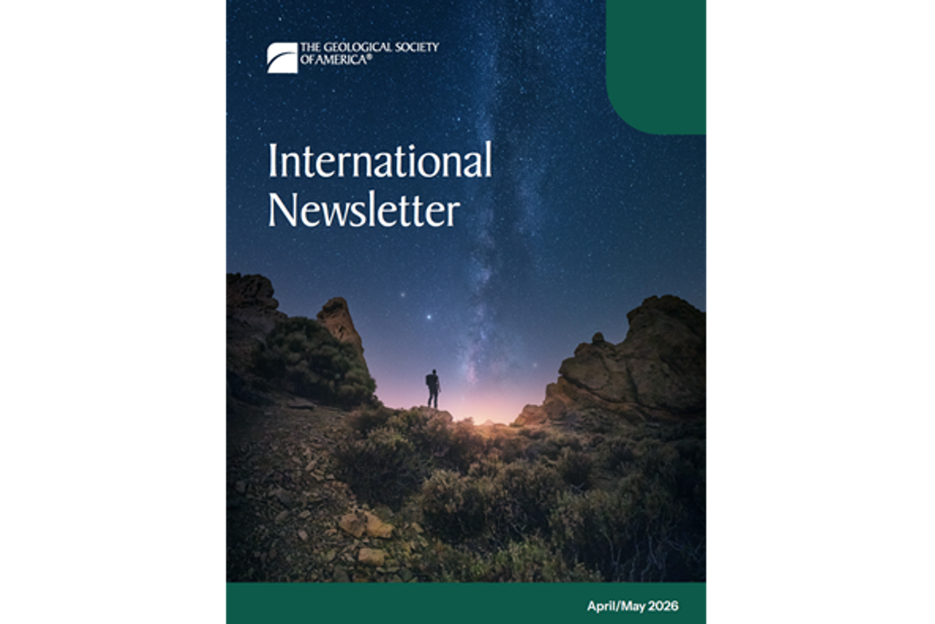 Thumbnail-sized image of April/May 2026 GSA International Newsletter of a person with a large backpack hiking in the desert and gazing up at the expansive night sky.