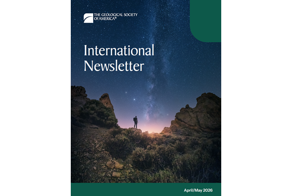 Thumbnail-sized image of April/May 2026 GSA International Newsletter of a person with a large backpack hiking in the desert and gazing up at the expansive night sky.
