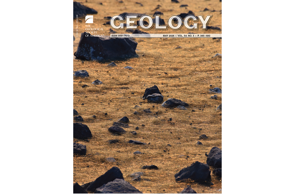 Black rocks against and orange background. The top section has “Geology” in capital letters, the GSA logo, and issue information.