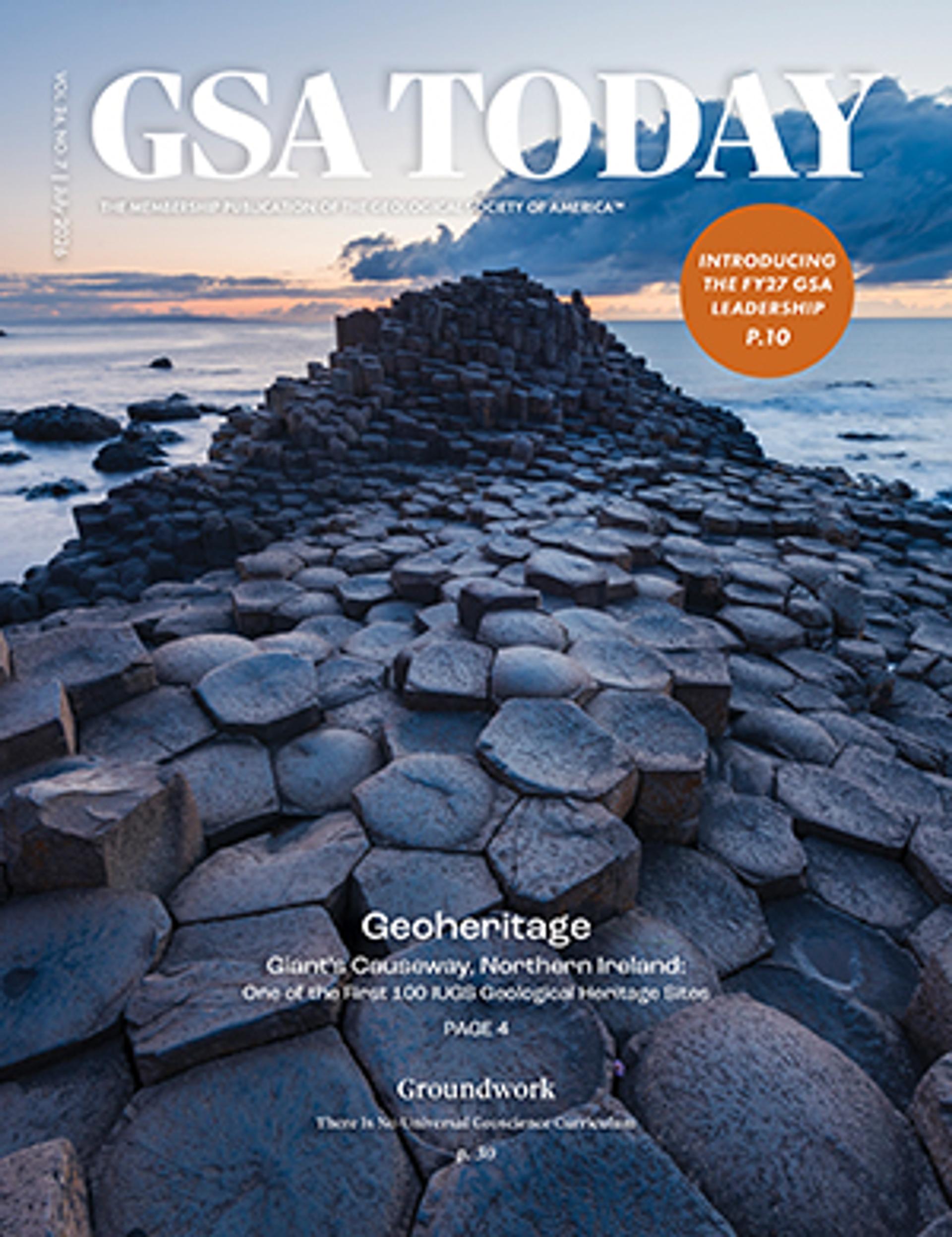 Cover of GSA Today July issue featuring a pathway of dark gray rocks at various heights leading to the ocean under a cloudy sunset sky.