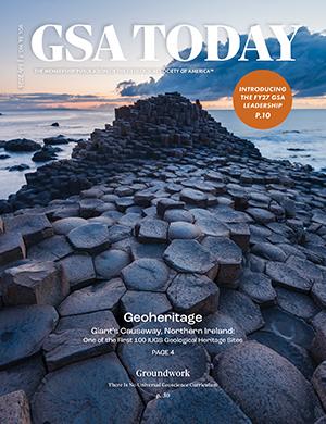 Cover of GSA Today July issue featuring a pathway of dark gray rocks at various heights leading to the ocean under a cloudy sunset sky.