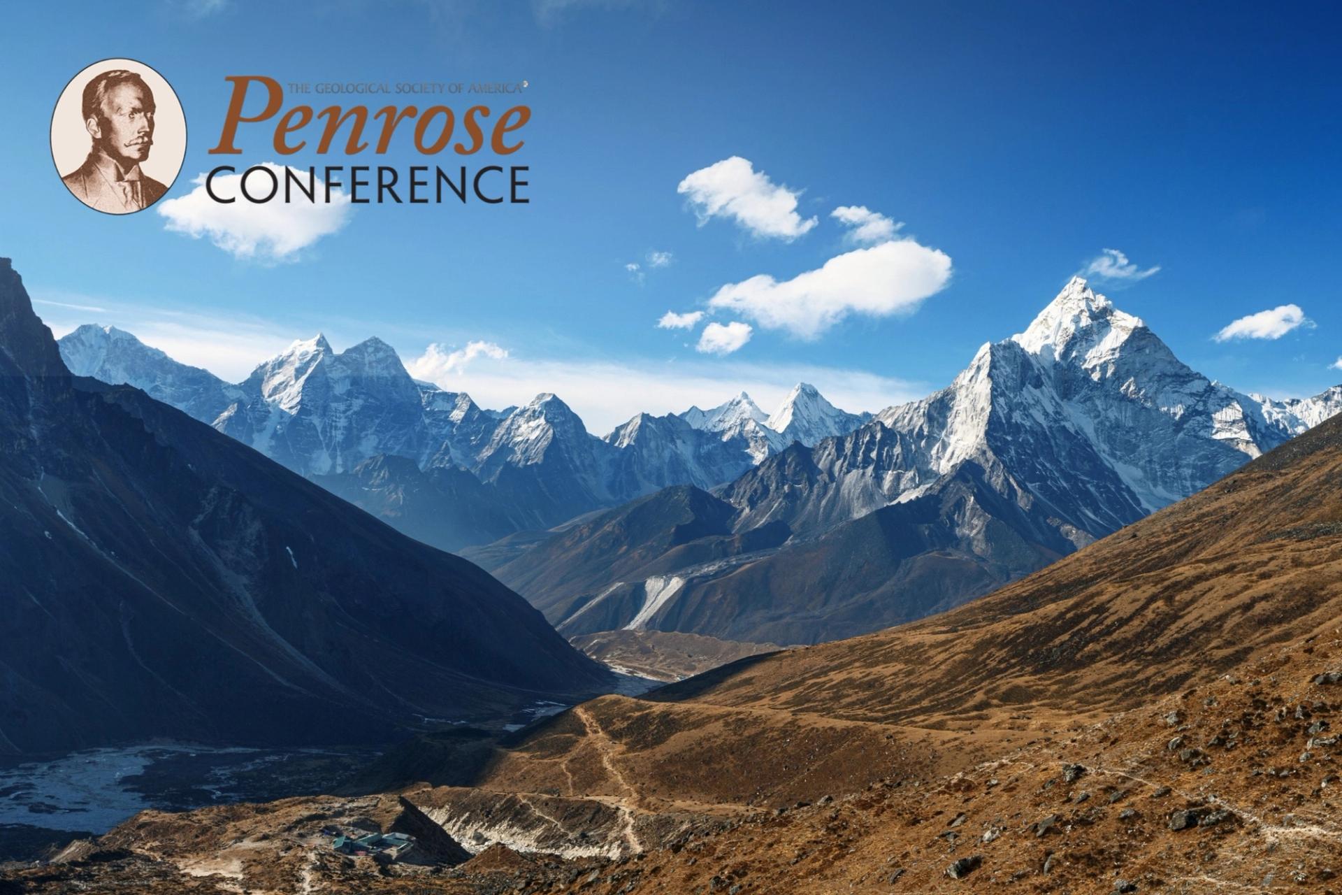 Nepal photo of Himalayan mountain peaks with GSA Penrose Conference logo in left top corner