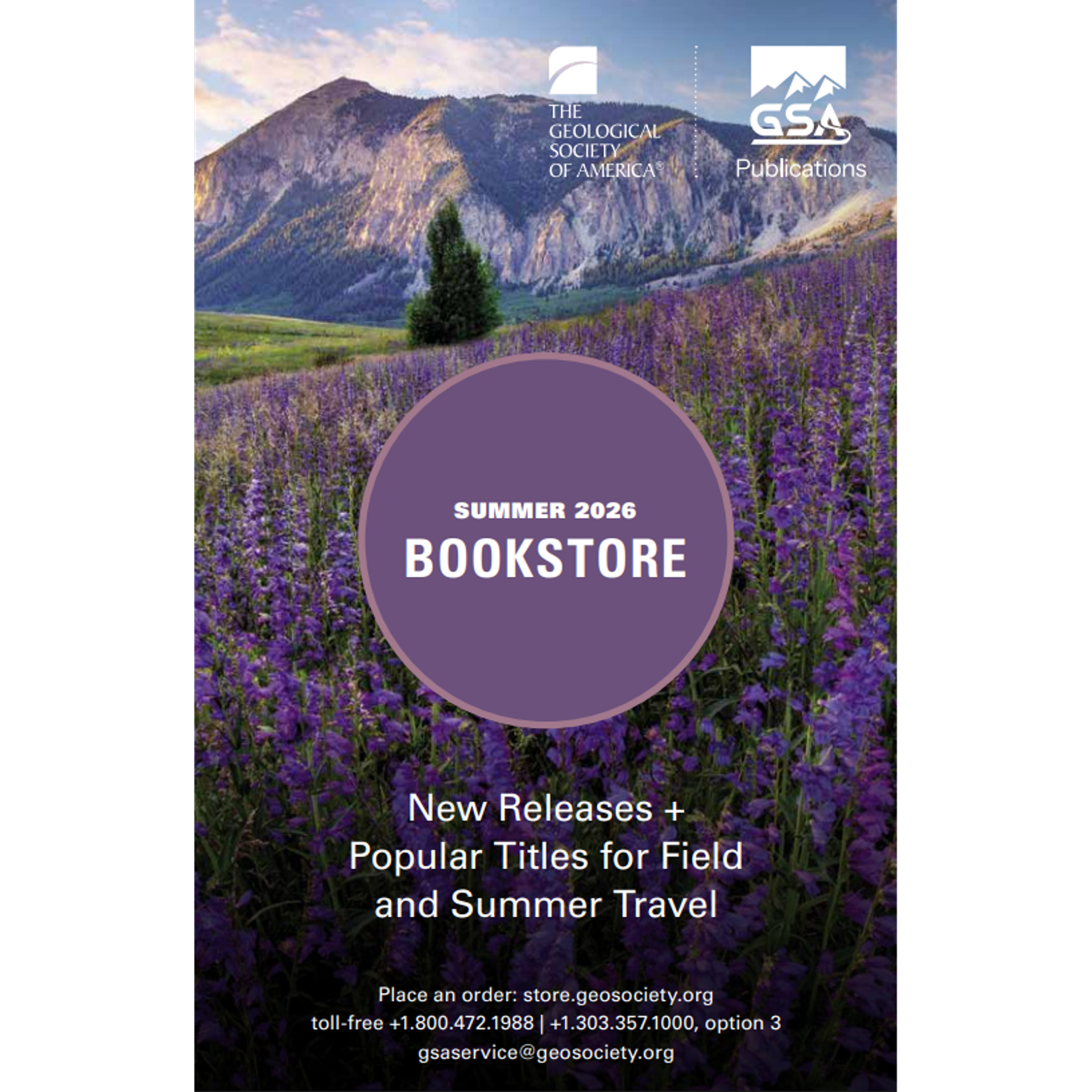 GSA Bookstore Catalog Summer 2026 with purple circle in the middle, purple flowers in the midground, and mountains in the background.