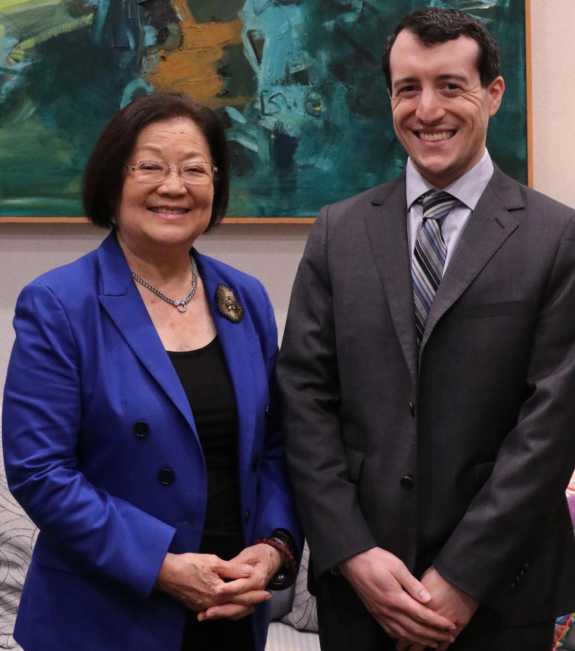 Robby poses for a photo with U.S. Senator Mazie K. Hirono inside her main office.