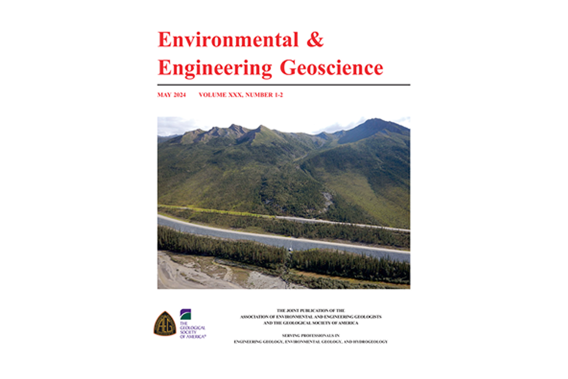 Journal cover with “Environmental & Engineering Geoscience” in red, a white background, and an image of green hills in the center.