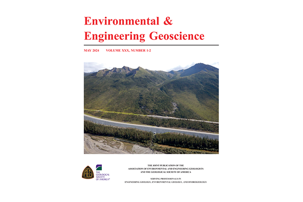 Journal cover with “Environmental & Engineering Geoscience” in red, a white background, and an image of green hills in the center.