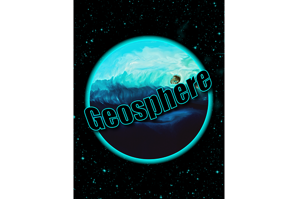 Stylized Earth with glowing light blue outline against a starry black background. Varying shades of blue and green ocean and some coastal landmasses from an aerial NASA image are visible. Bold black text with light blue outline reads "Geosphere" across the planet.