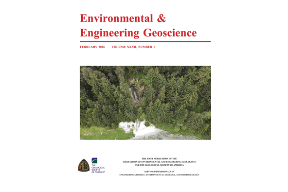 Journal cover with “Environmental & Engineering Geoscience” in red, a white background, and an aerial image of towering evergreens in the center.
