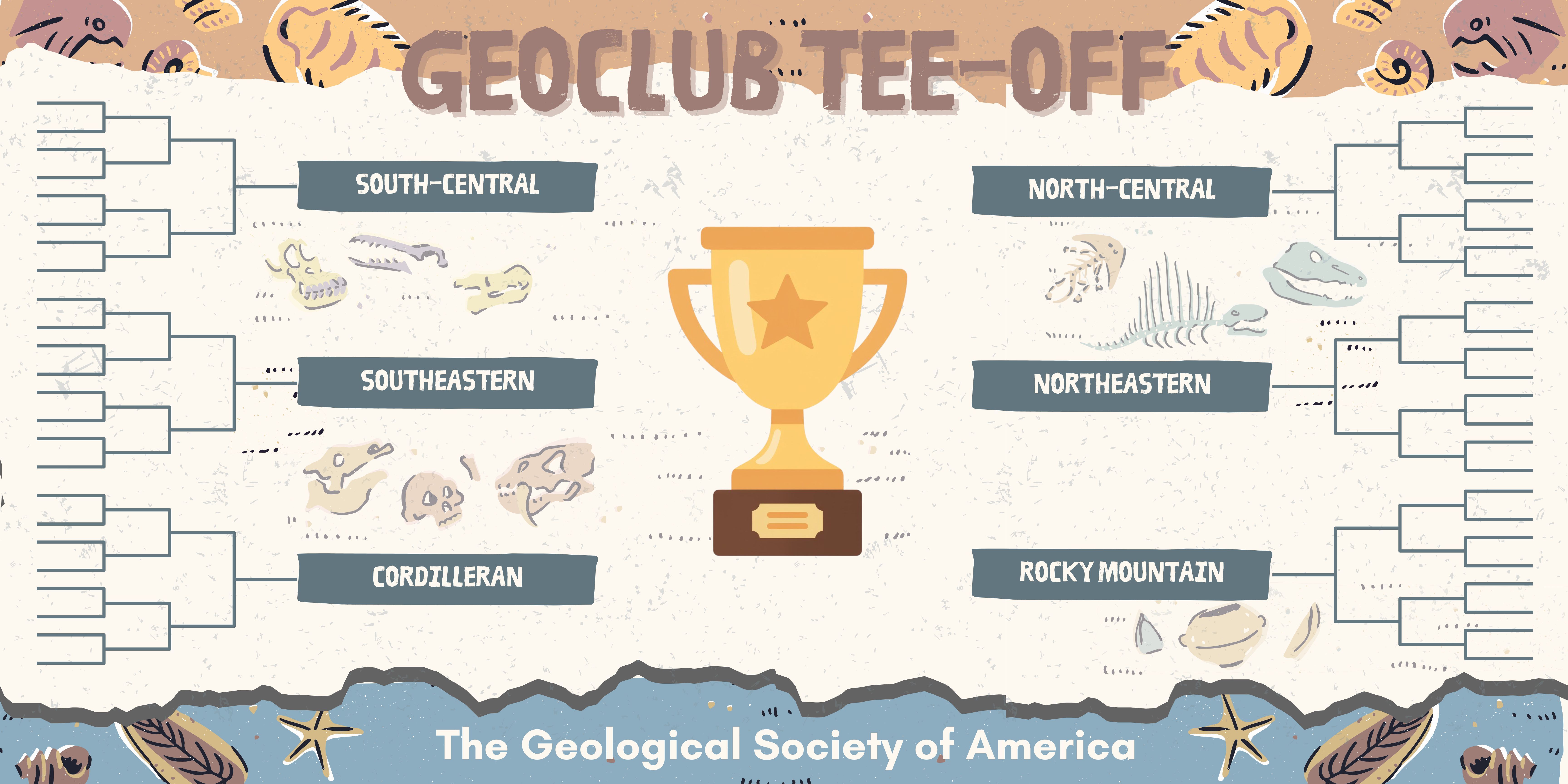 GeoClub Tee-Off bracket-style graphic showing GSA’s six sections arranged around a central trophy with fossil illustrations.