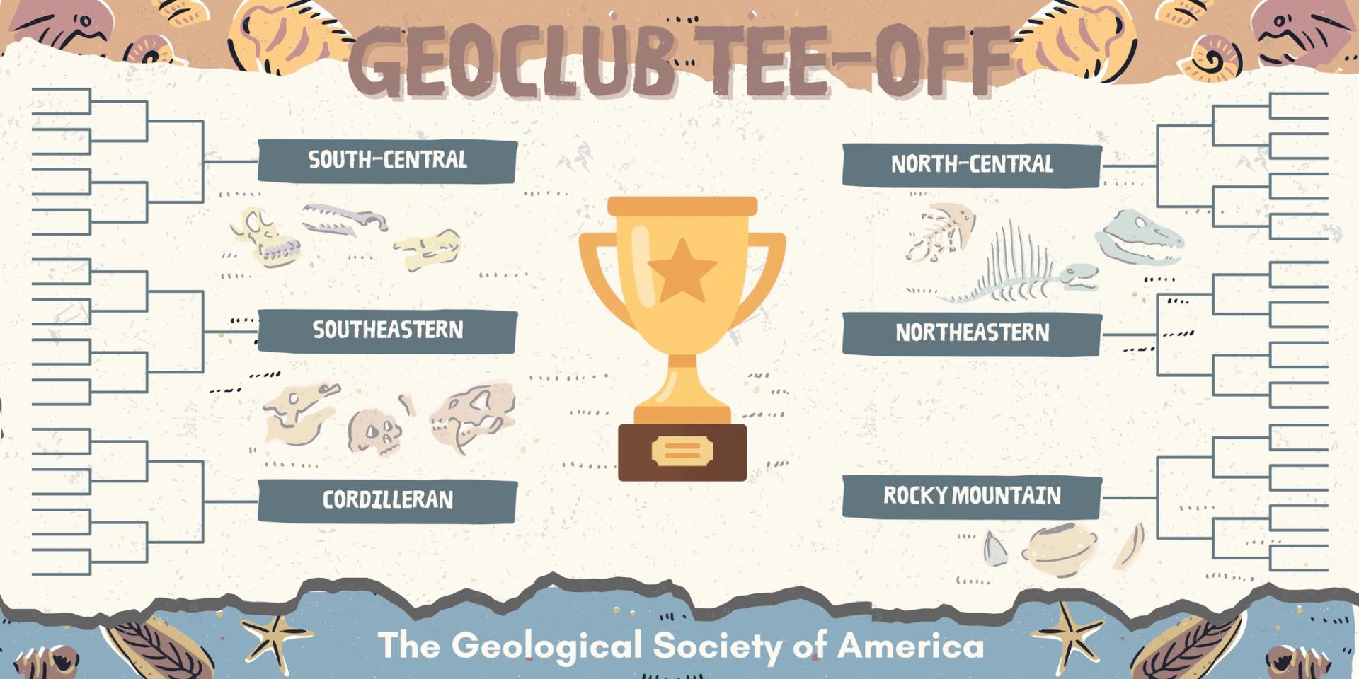 GeoClub Tee-Off bracket-style graphic showing GSA’s six sections arranged around a central trophy with fossil illustrations.