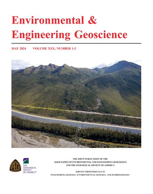 Journal cover with “Environmental & Engineering Geoscience” in red, a white background, and an image of green hills in the center.