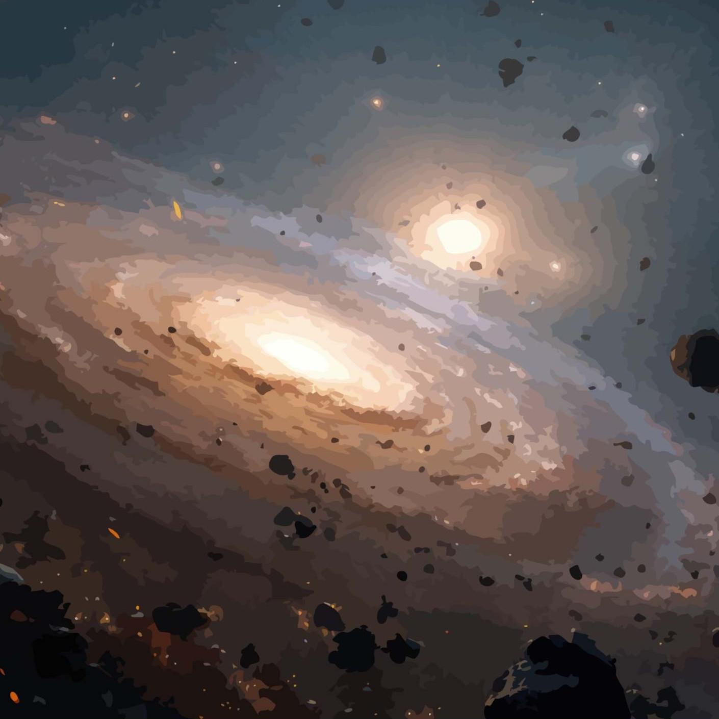 Illustration of solar nebula with lots of space debris and asteroids