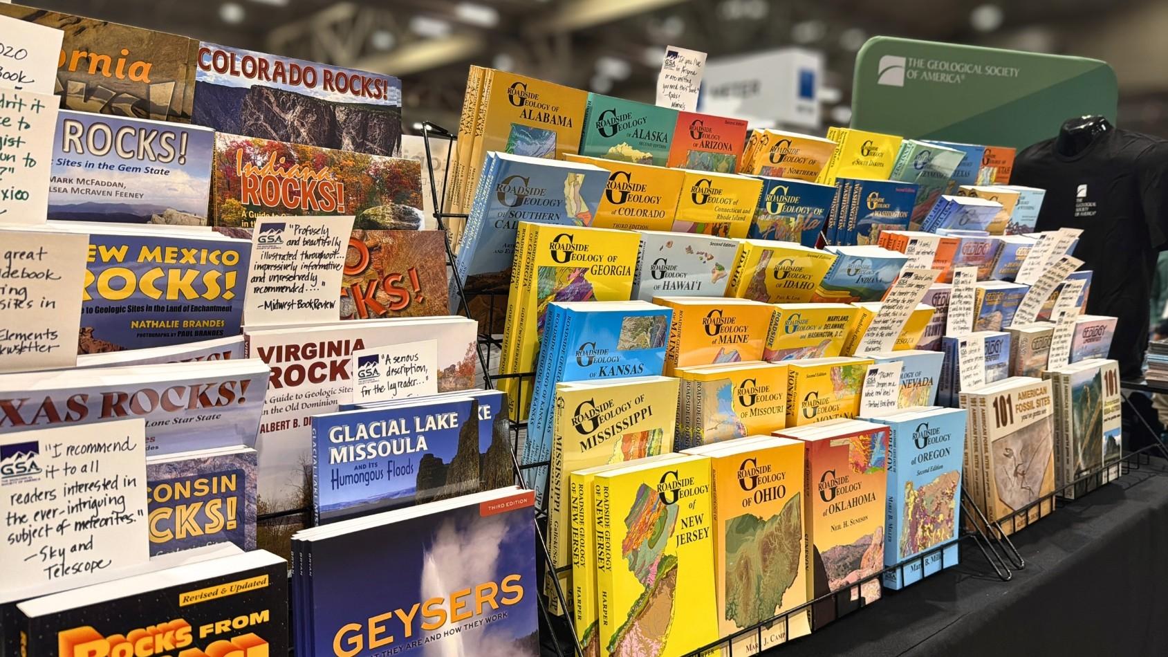 GSA’s Roadside Geology, Geology Underfoot, and other public science books displayed at GSA booth at meeting