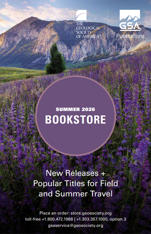GSA Bookstore Catalog Summer 2026 with purple circle in the middle, purple flowers in the midground, and mountains in the background.