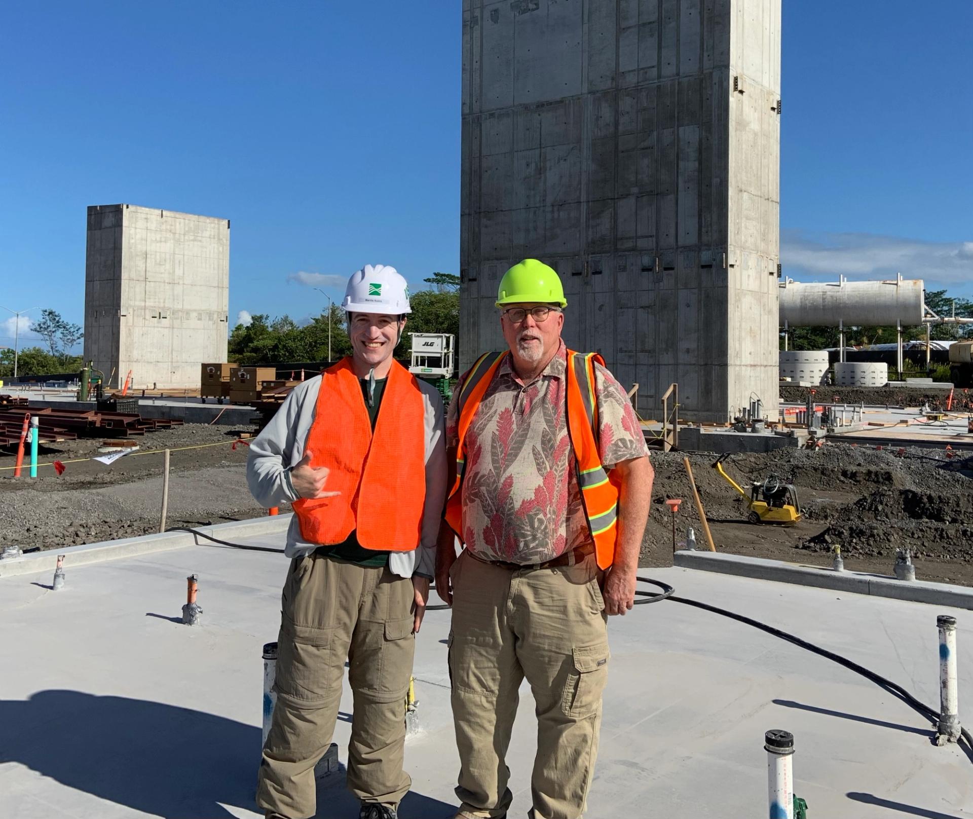 Robby and Hawaiian Volcano Observatory (HVO) Scientist-in-Charge, Dr. Ken Hon, at the site of the new permanent HVO facility in Hilo, Hawaii