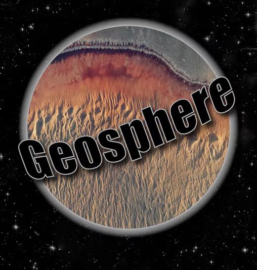 Aerial view of desert landscape with ridges, encircled by black space and stars. The word "Geosphere" overlays the image in bold, black letters.