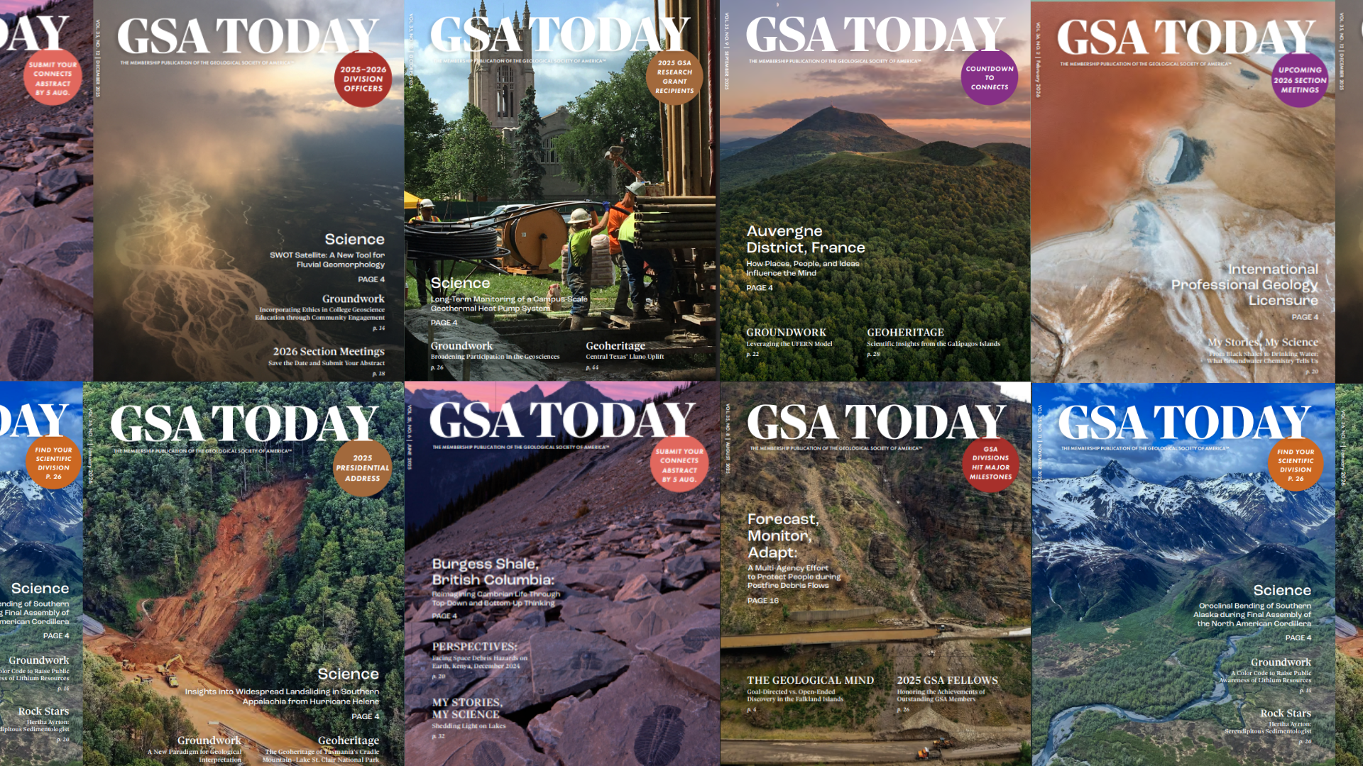 A collage of ten GSA Today magazine covers showcasing diverse geological themes. Each cover features unique landscapes, geological formations, or fieldwork scenes, reflecting scientific exploration and natural beauty.