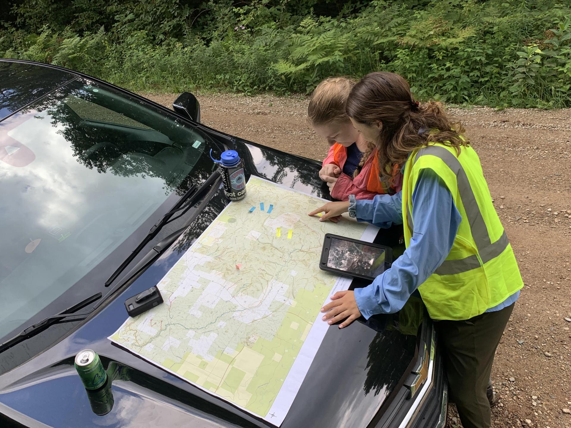 Photo of GeoCorps Participants in the field looking at map on car hood