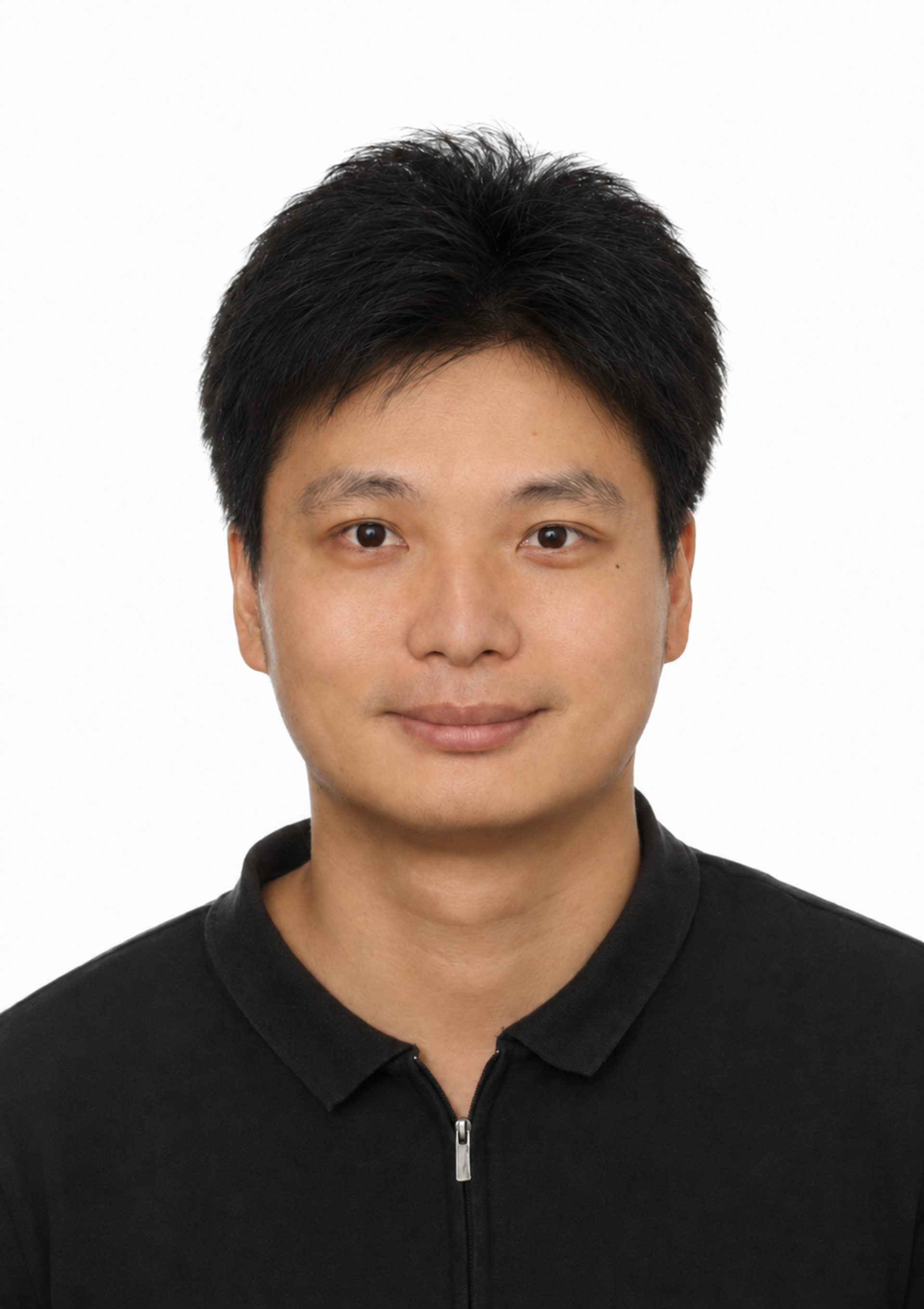 Feng Cheng in a black zippered shirt with a collar.