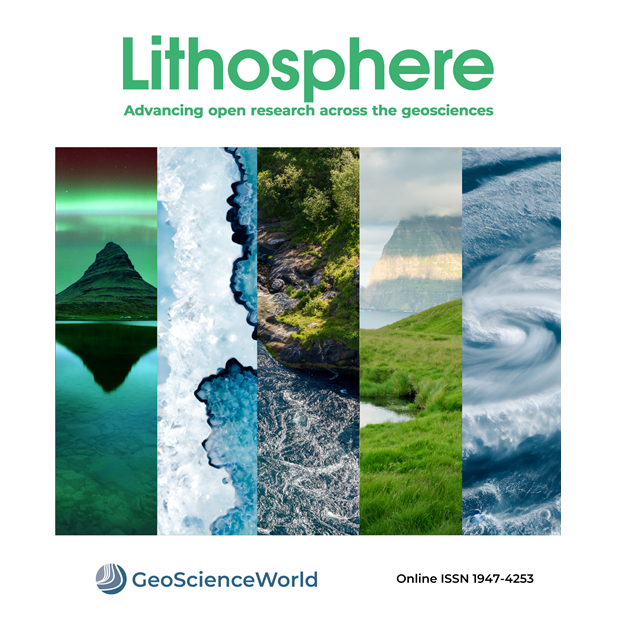 Cover of the journal Lithosphere from GeoScienceWorld, showing a collage of 5 vertical images of natural landscapes and phenomena, with the title in green and the subtitle "Advancing open research across the geosciences." Includes scenes of auroras, ice formations, rocky coastlines, misty hills, and ocean waves. GSW logo and ISSN appear at the bottom.